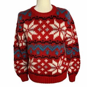 Chunky Hand Knitted Pullover Sweater M Red Acrylic